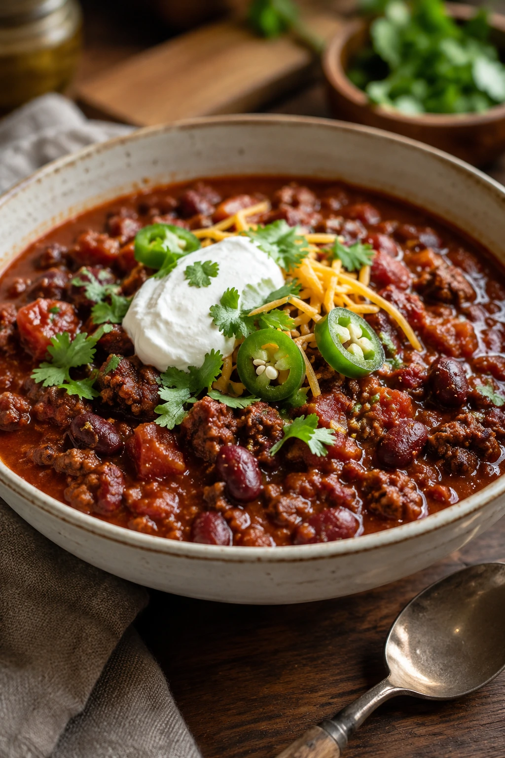 Classic chilli con carne with beef and beans in a bowl