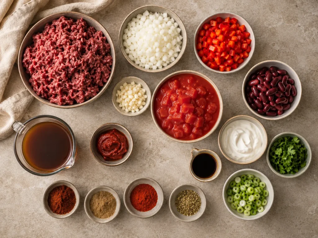 Ingredients arranged for making classic chilli con carne