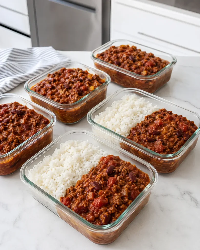 Portion containers filled with classic chilli con carne for meal prep