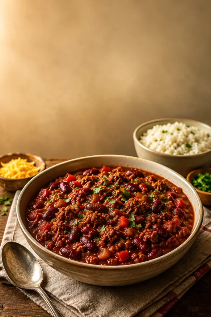 Vertical Pinterest-style image of classic chilli con carne with thick beef and bean texture