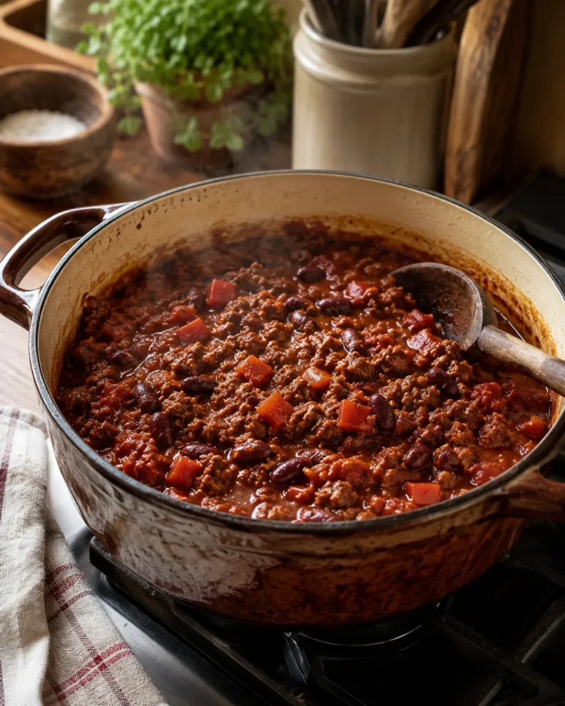 Thick chilli con carne simmering in a Dutch oven
