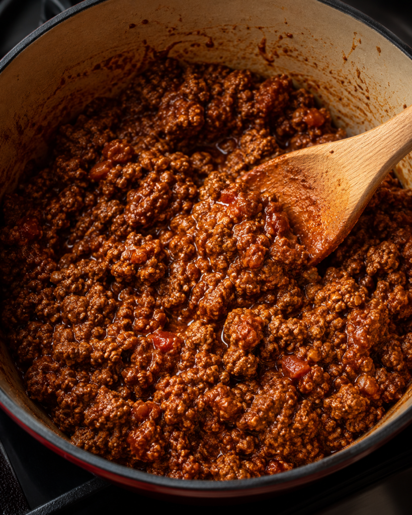 omato paste and spices being cooked into the beef mixture for chilli con carne
