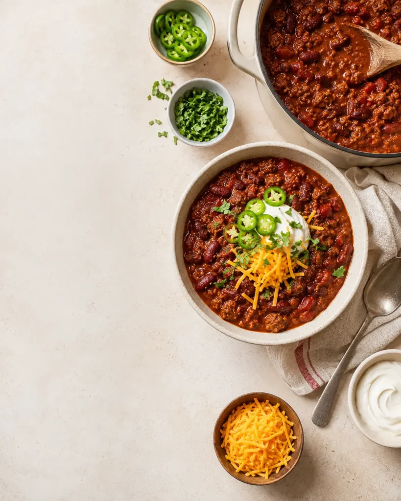 Overhead summary-style image of classic chilli con carne with toppings and serving elements