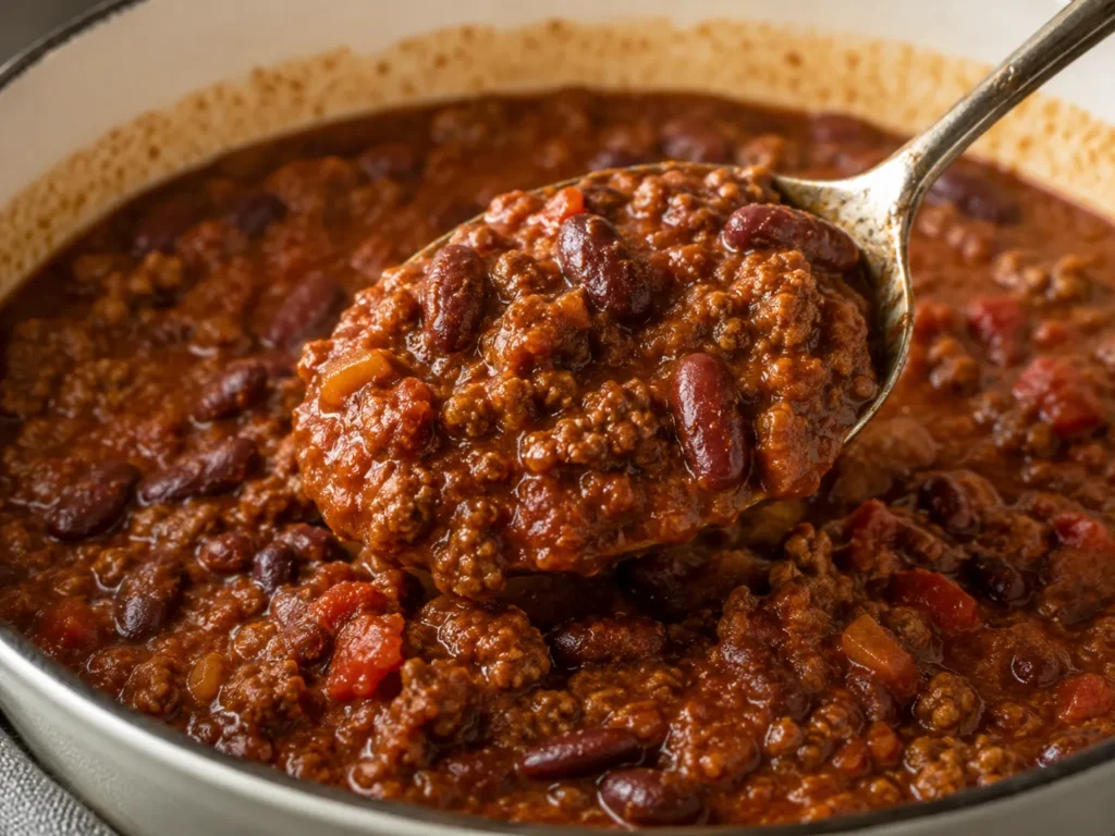 Spoon lifting thick chilli con carne with beef and beans