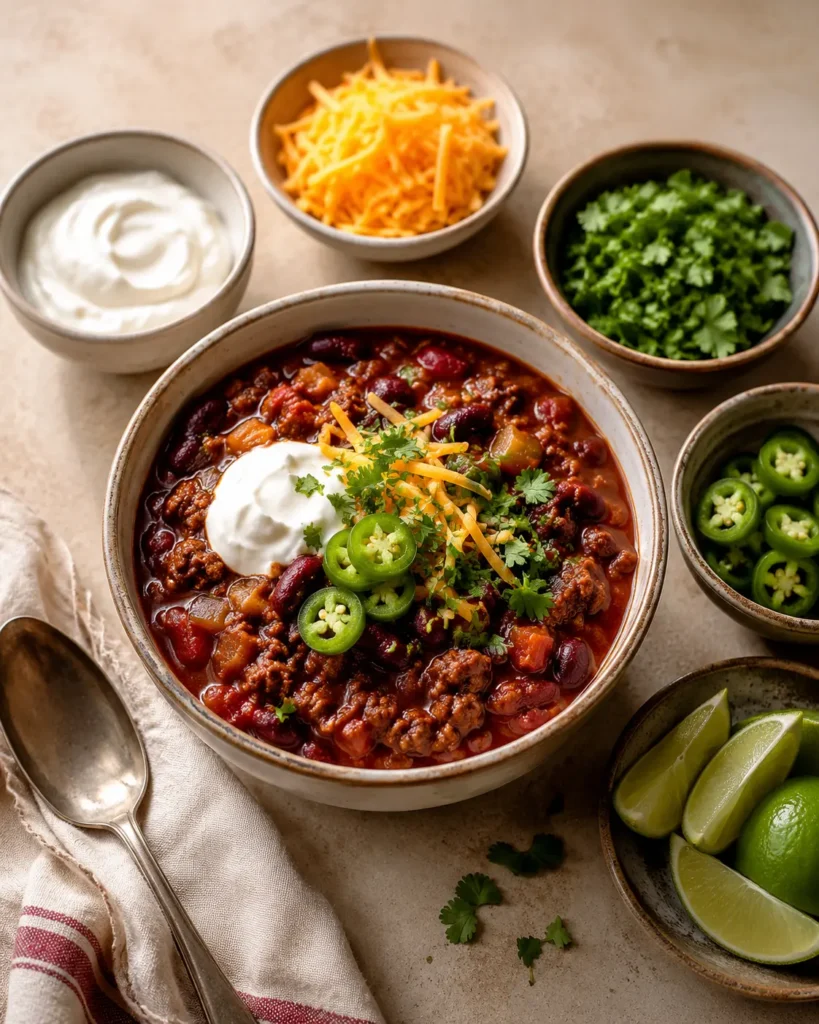 Classic chilli con carne with topping options like yogurt, cheese, herbs, jalapeƱos, and lime