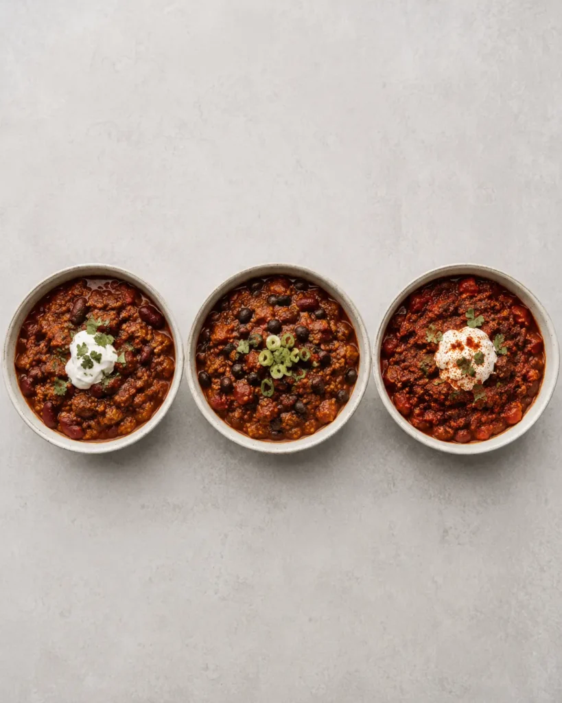 Three variation bowls of classic chilli con carne shown side by side