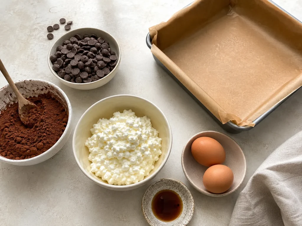 Cocoa powder, cottage cheese, eggs, and chocolate chips arranged beside a lined brownie pan.