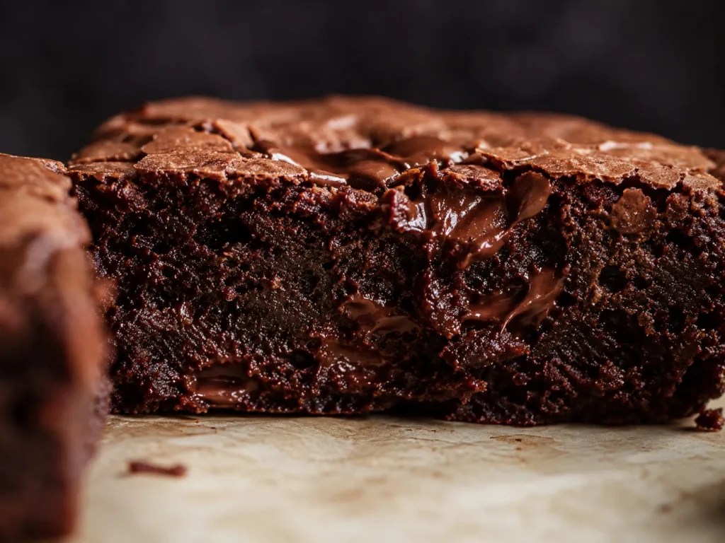 Close-up of the dense fudgy center of a cottage cheese brownie.