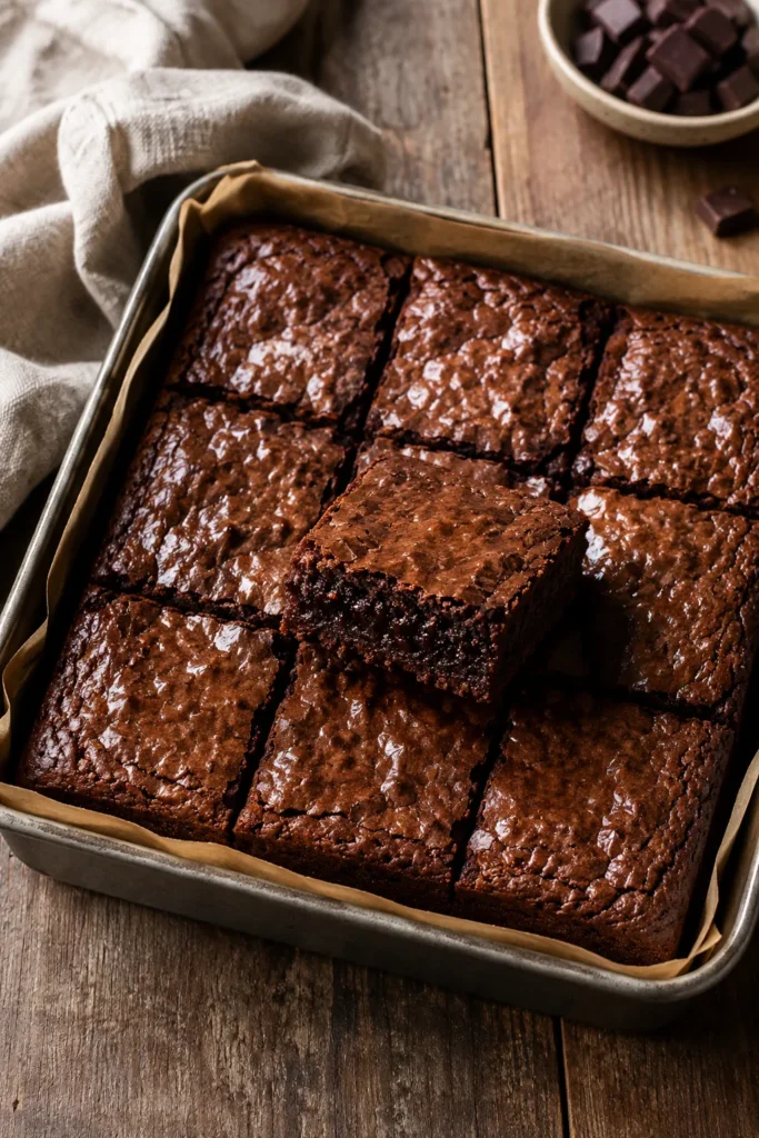 Fudgy cottage cheese brownies sliced in a parchment-lined pan.