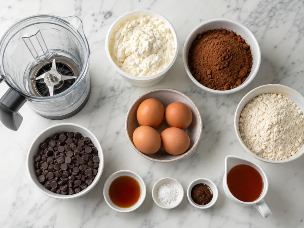 Ingredients arranged neatly for making cottage cheese brownies.