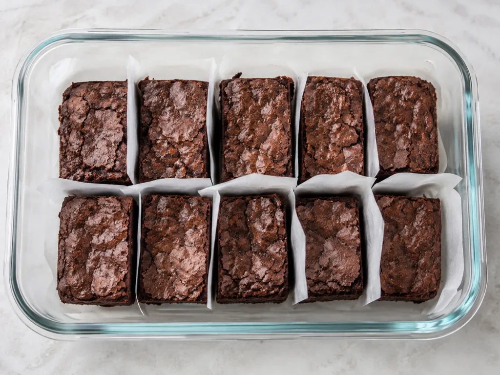 Individually portioned cottage cheese brownies stored in a glass meal-prep container.
