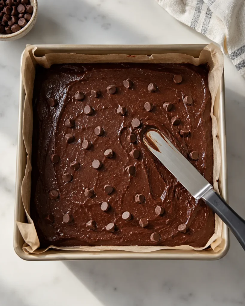 Brownie batter spread evenly into a lined square pan before baking