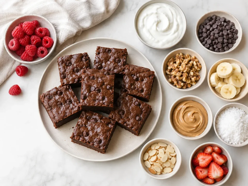 Summary-style visual with plated cottage cheese brownies and topping ideas.