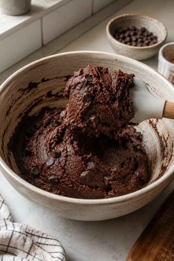 Thick brownie batter with chocolate chips folded in.