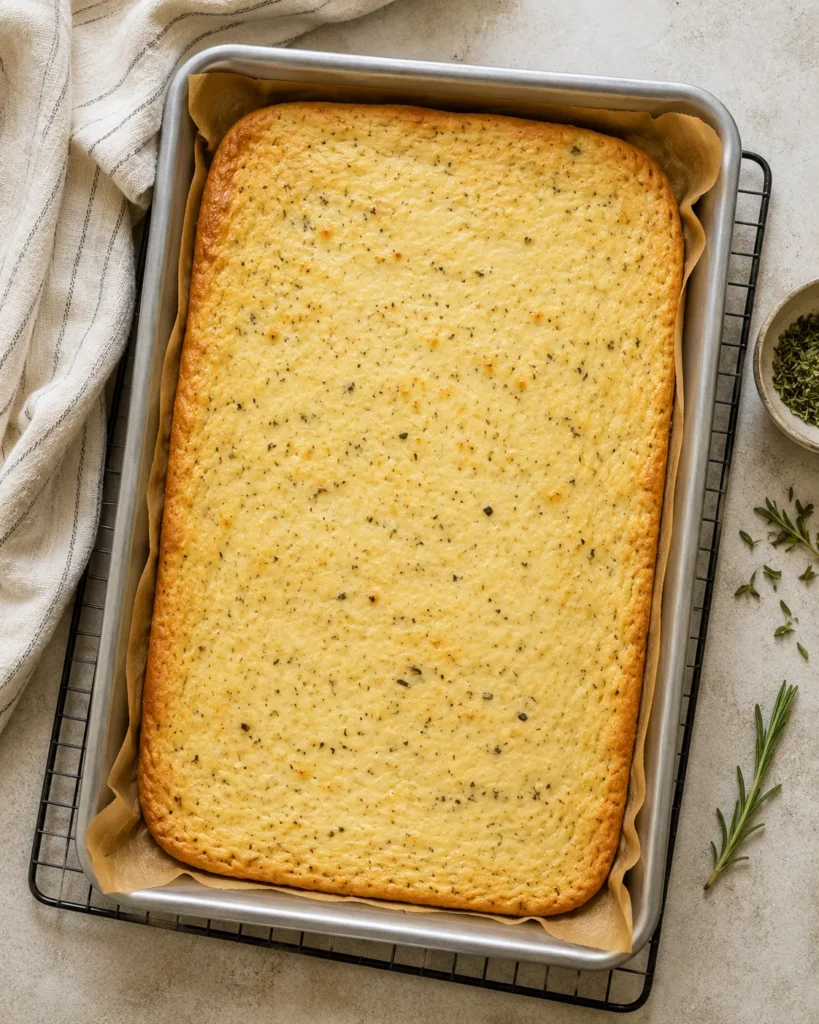 Freshly baked cottage cheese flatbread cooling in a lined pan