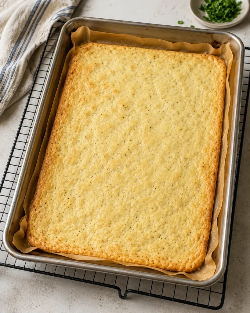 Freshly baked cottage cheese flatbread cooling in a parchment-lined sheet pan.