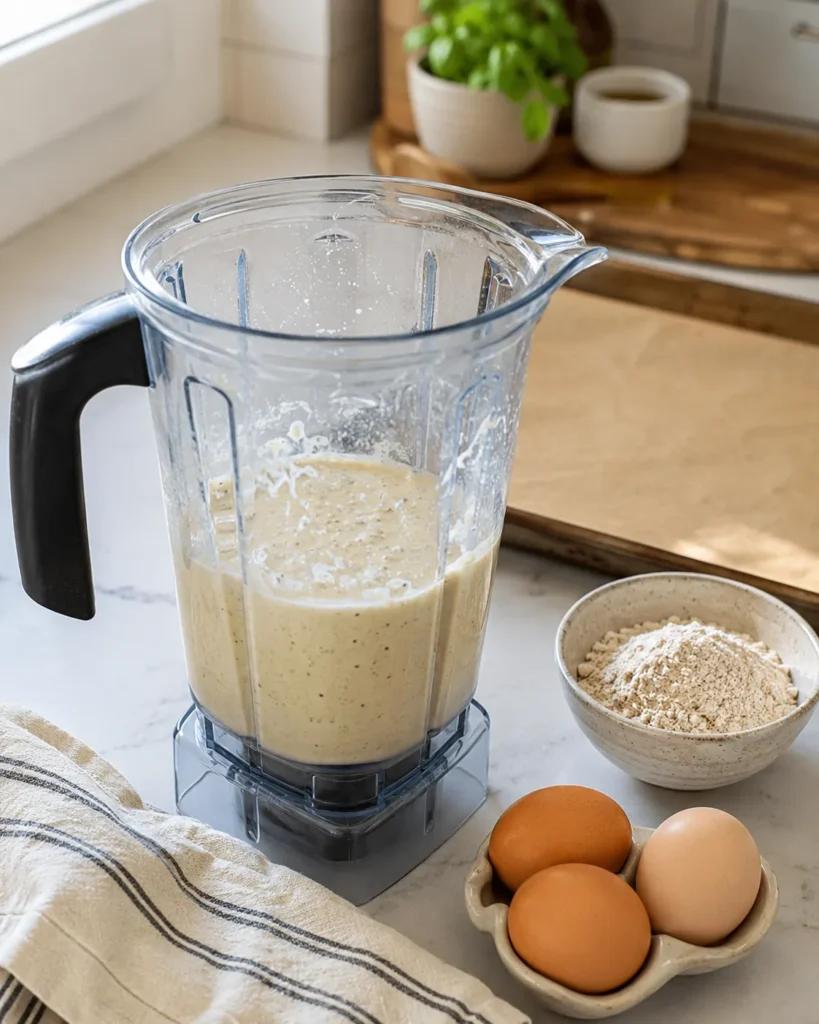 Blended cottage cheese flatbread batter in a blender jar before baking