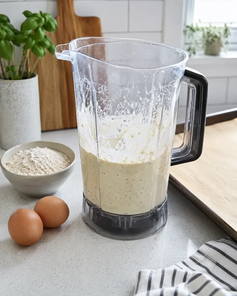 Blended cottage cheese flatbread batter with seasoning specks in a blender jar before baking.