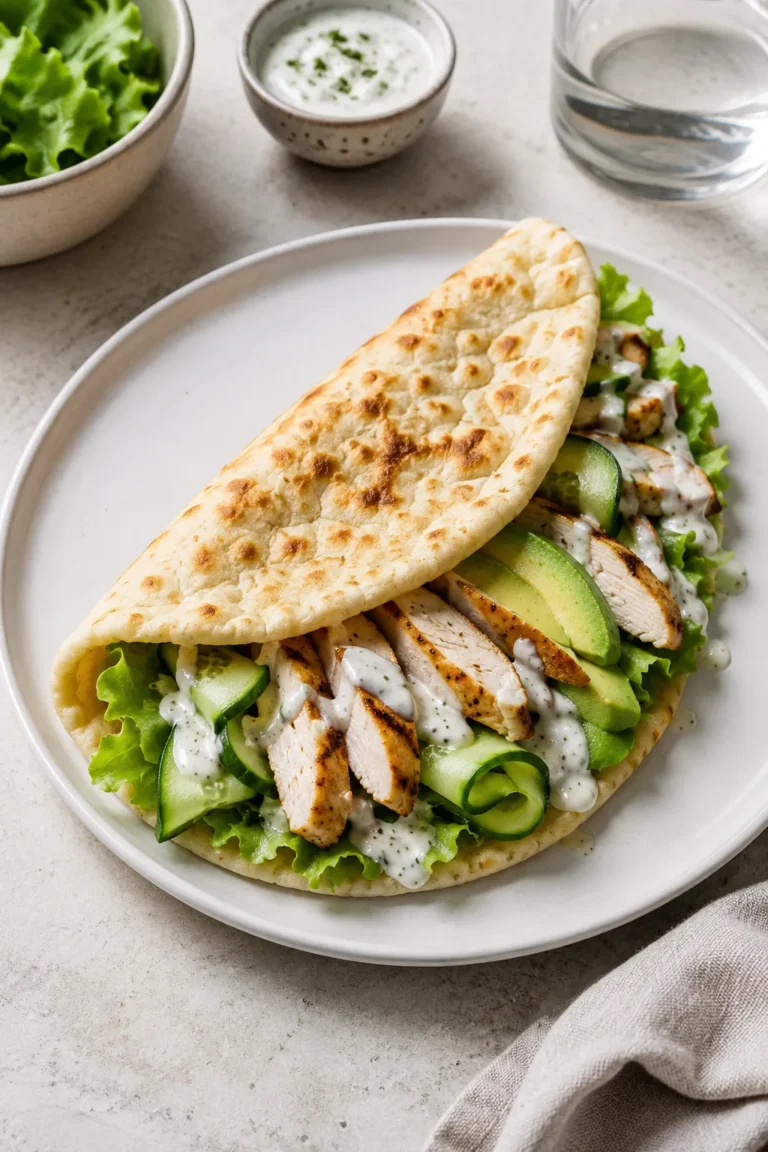 Cottage cheese flatbread filled with grilled chicken, lettuce, cucumber, avocado, and yogurt drizzle.
