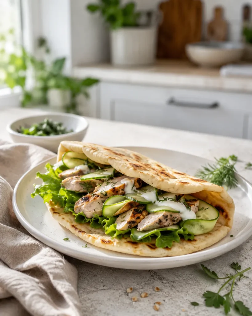 Soft cottage cheese flatbread served as a high-protein wrap with grilled chicken, lettuce, cucumber, and yogurt drizzle