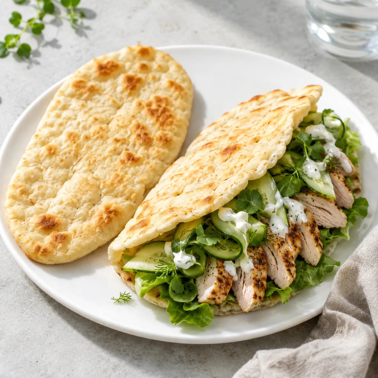 Soft cottage cheese flatbread served with grilled chicken, lettuce, cucumber, fresh herbs, and yogurt drizzle.