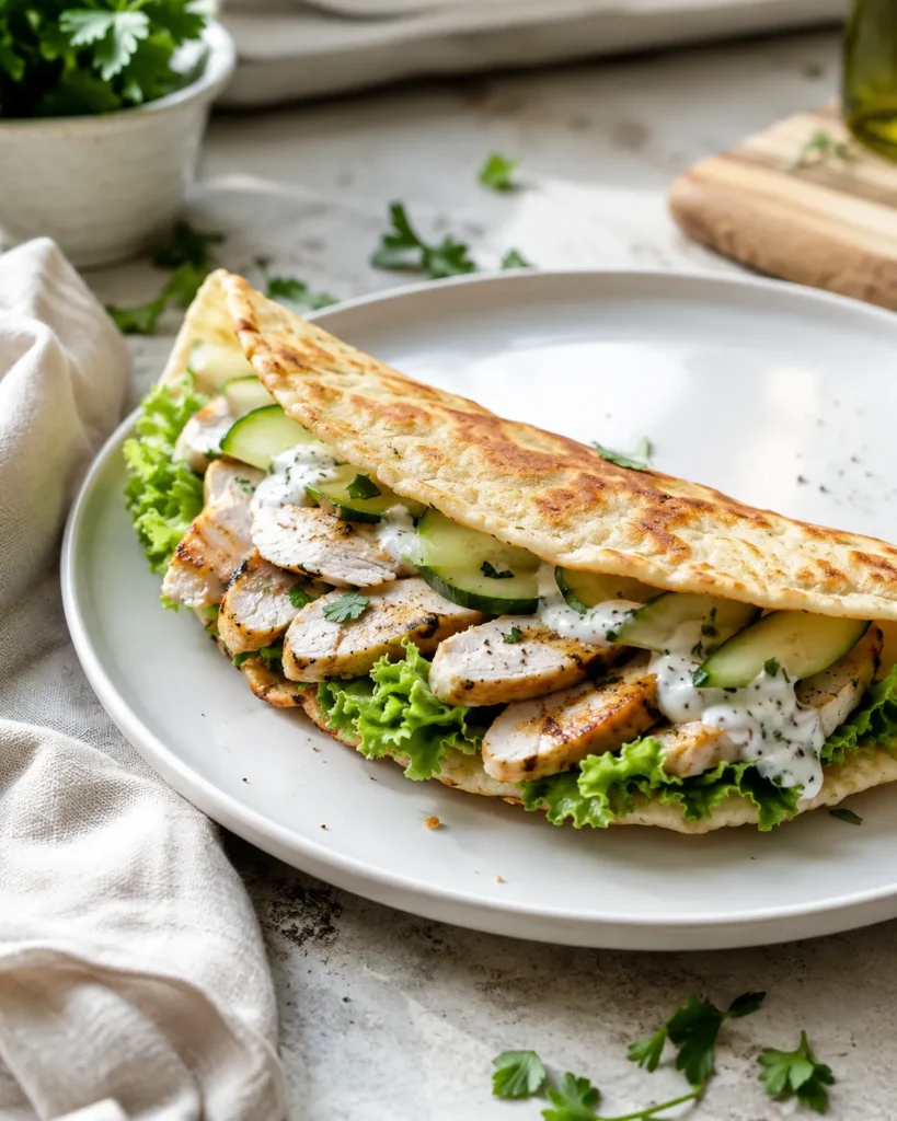 Soft cottage cheese flatbread served as a high-protein wrap with chicken, cucumber, greens, and yogurt drizzle.