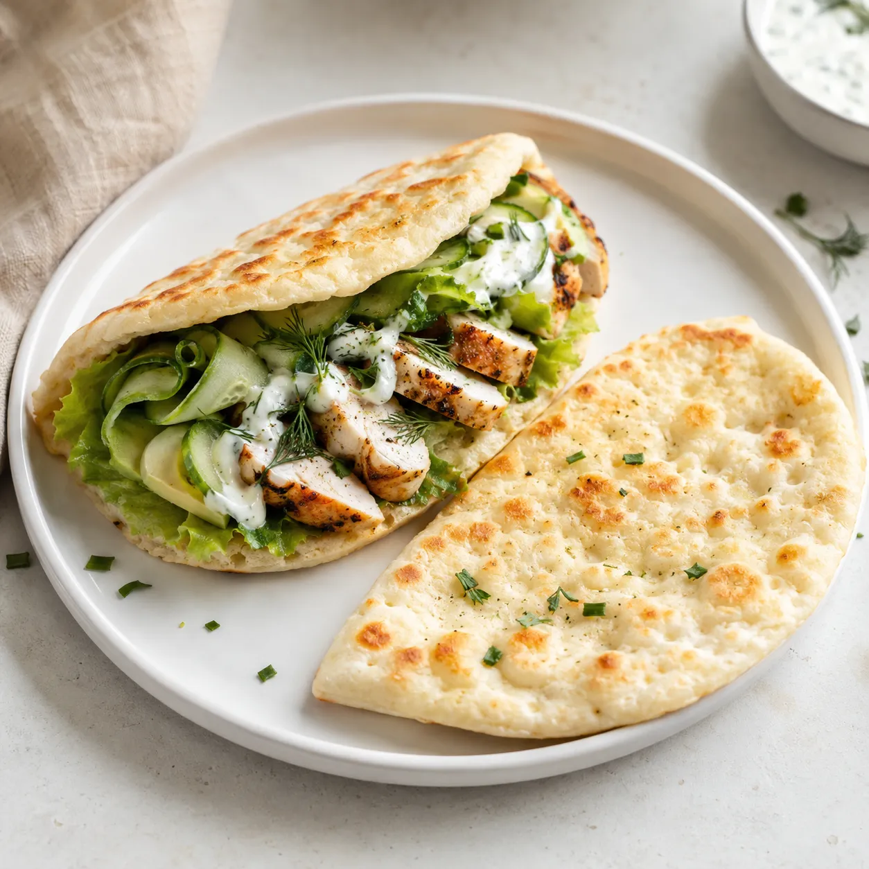 Soft cottage cheese flatbread served with grilled chicken, lettuce, cucumber, fresh herbs, and Greek yogurt drizzle.