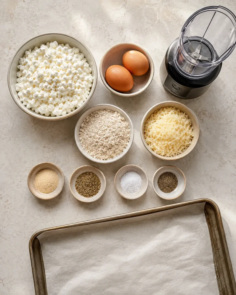 Ingredients for cottage cheese flatbread arranged with eggs, oat flour, Parmesan, and seasonings