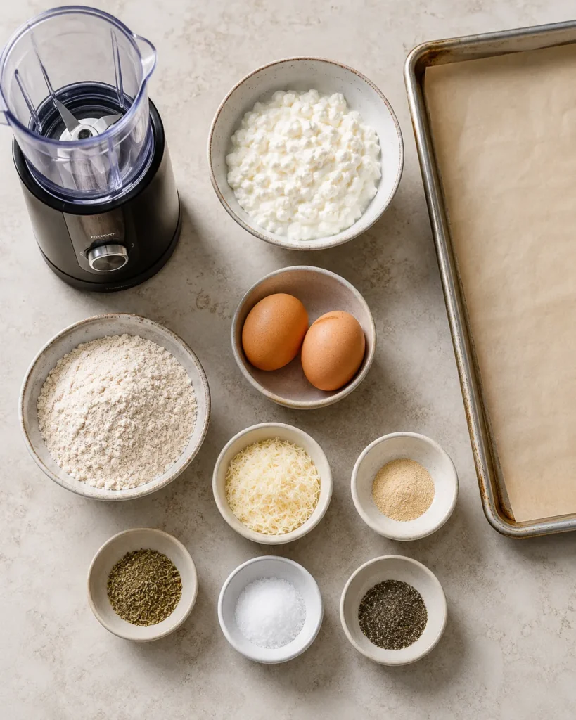 Ingredients for cottage cheese flatbread arranged with cottage cheese, eggs, oat flour, parmesan, and seasonings.