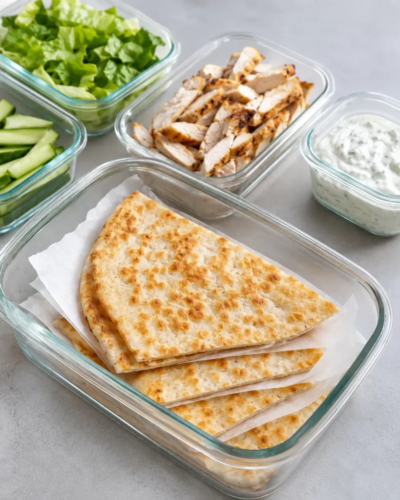 Cottage cheese flatbread stored in meal-prep containers with chicken, lettuce, cucumber, and yogurt sauce for easy lunches
