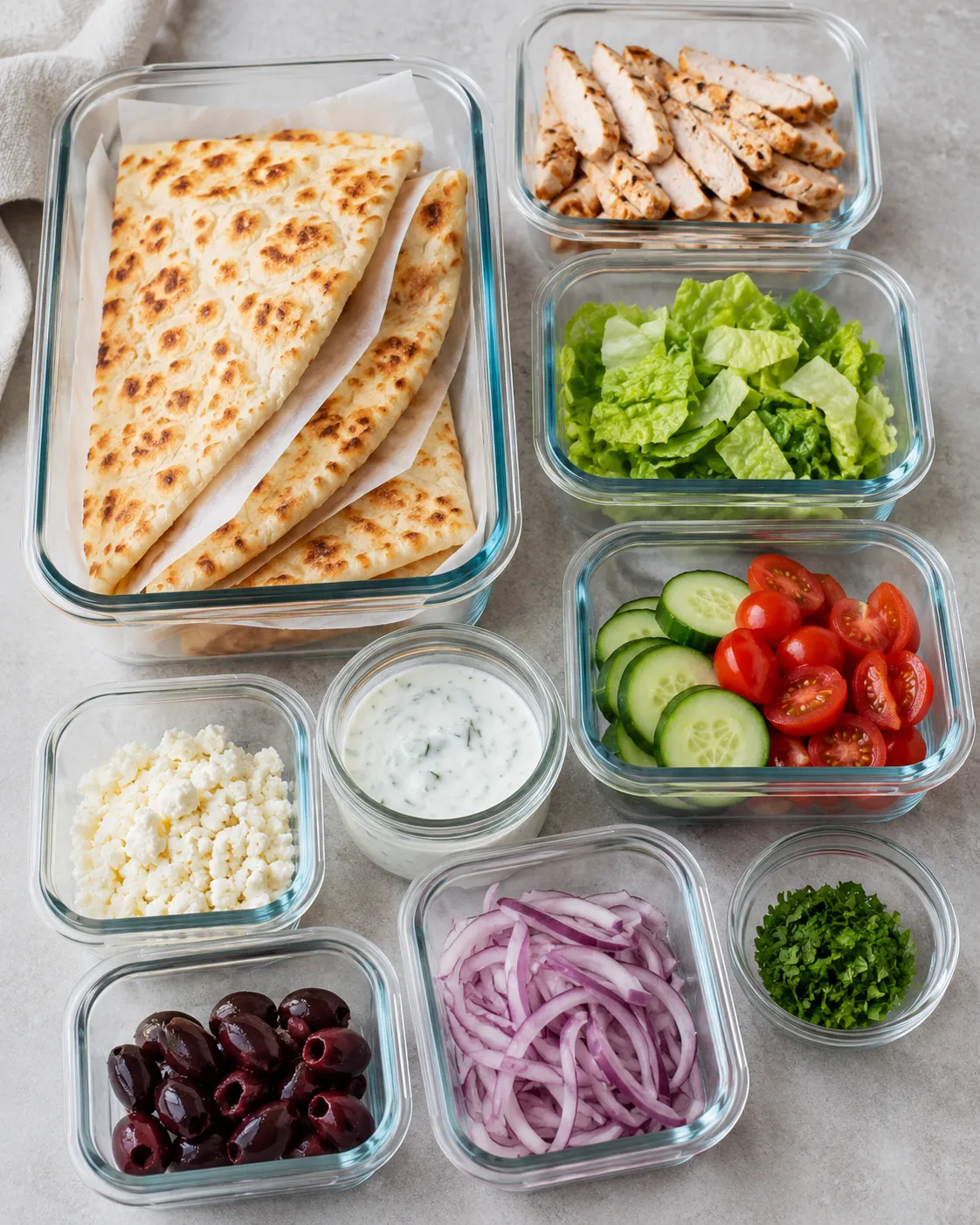 : Cottage cheese flatbread stored with grilled chicken, lettuce, cucumber, tomatoes, feta, and yogurt sauce for meal-prep lunches.