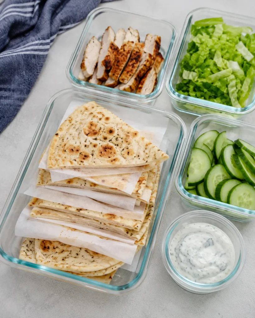 Cottage cheese flatbread stored with grilled chicken, lettuce, cucumber, and yogurt sauce for easy meal-prep lunches.