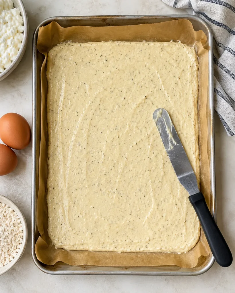 Cottage cheese flatbread batter spread evenly on a parchment-lined baking tray with an offset spatula.