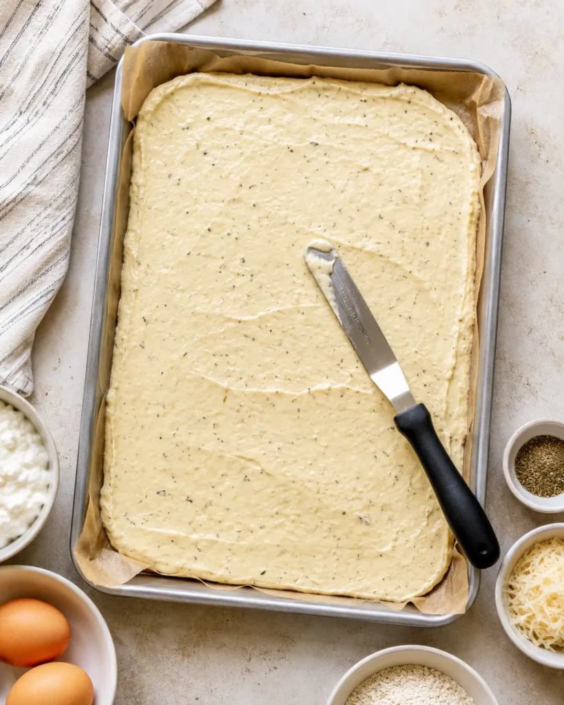 Cottage cheese flatbread batter spread evenly on a parchment-lined baking tray