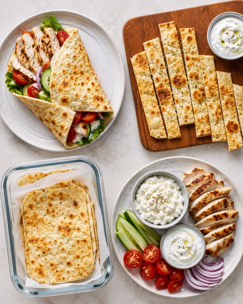 Overhead summary image showing cottage cheese flatbread used for wraps, snack strips, meal prep, and high-protein pairings.