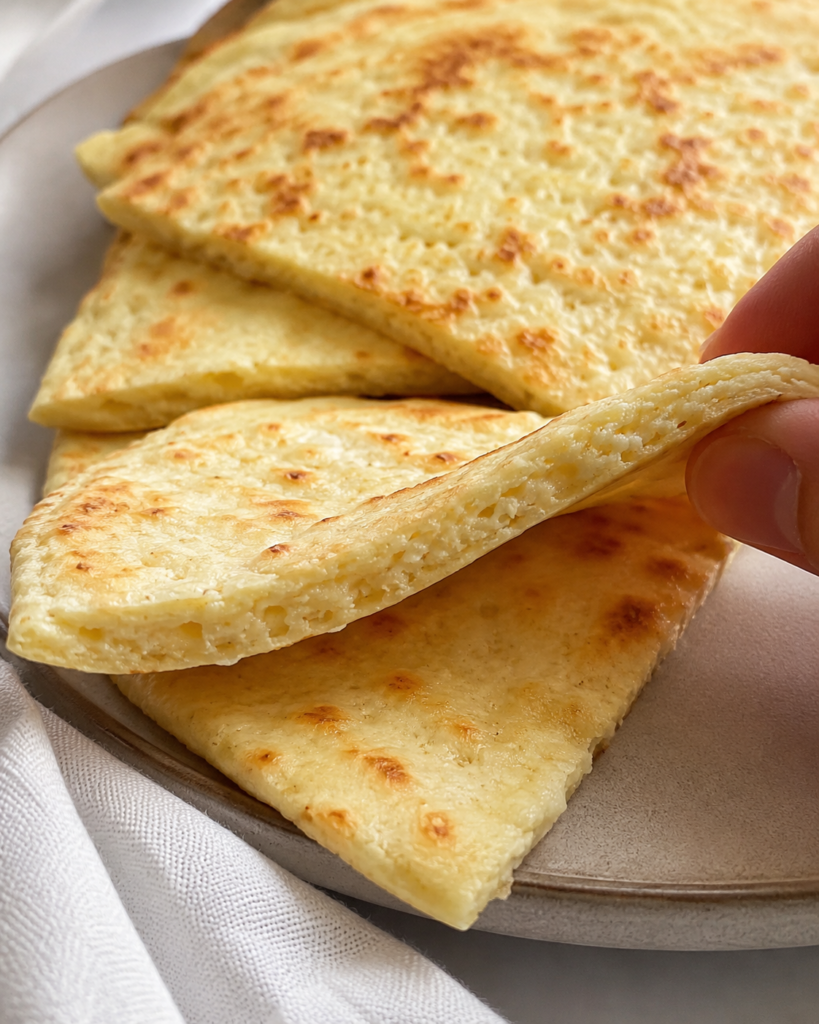 Close-up showing the soft flexible texture of cottage cheese flatbread