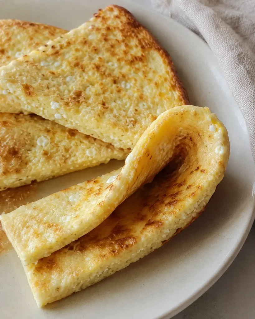 Close-up showing the soft, flexible texture of cottage cheese flatbread.