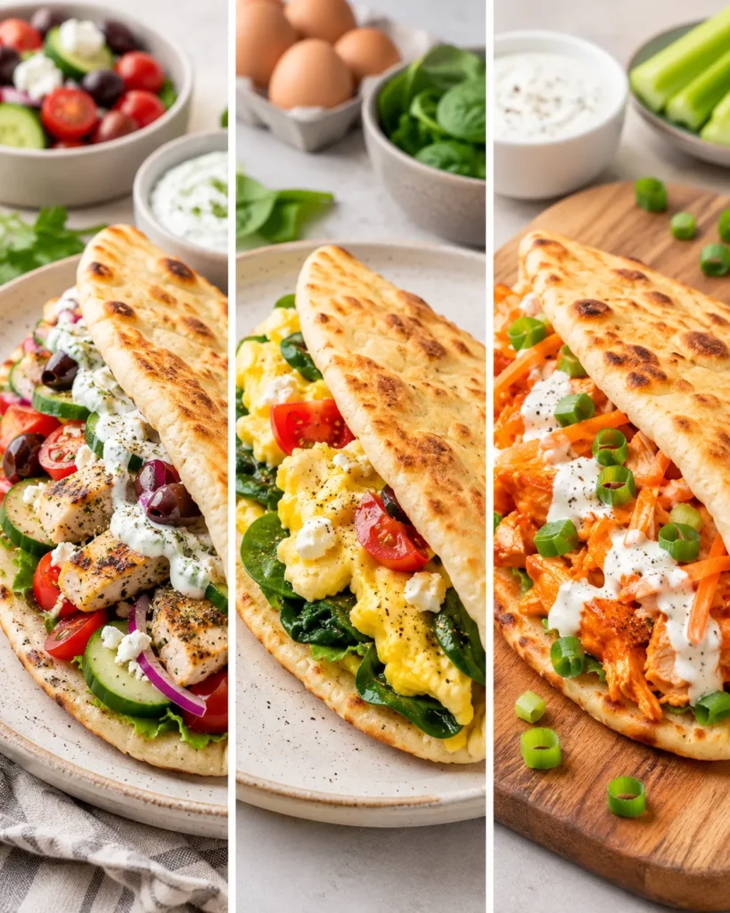 Three cottage cheese flatbread variations filled with Mediterranean chicken, egg and spinach, and spicy buffalo chicken.