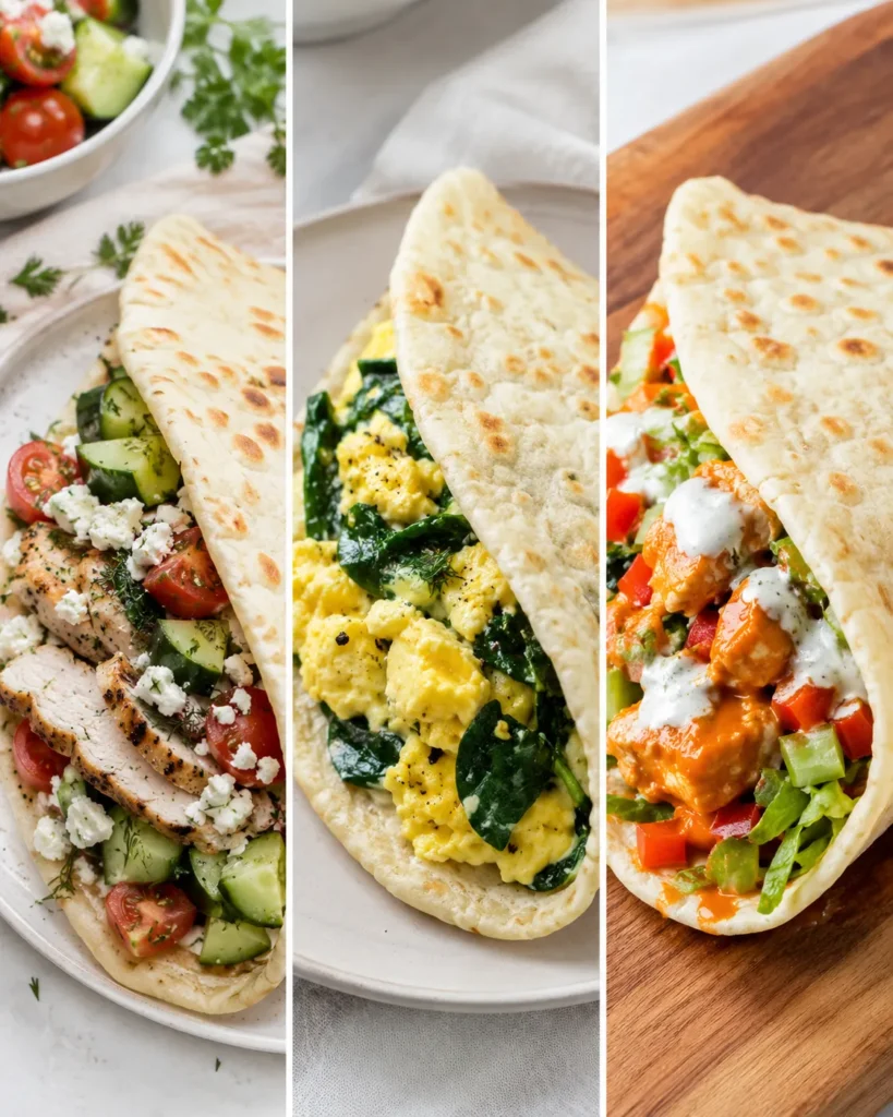 Three serving variations for cottage cheese flatbread including Mediterranean chicken, egg and spinach, and spicy buffalo-style fillings.