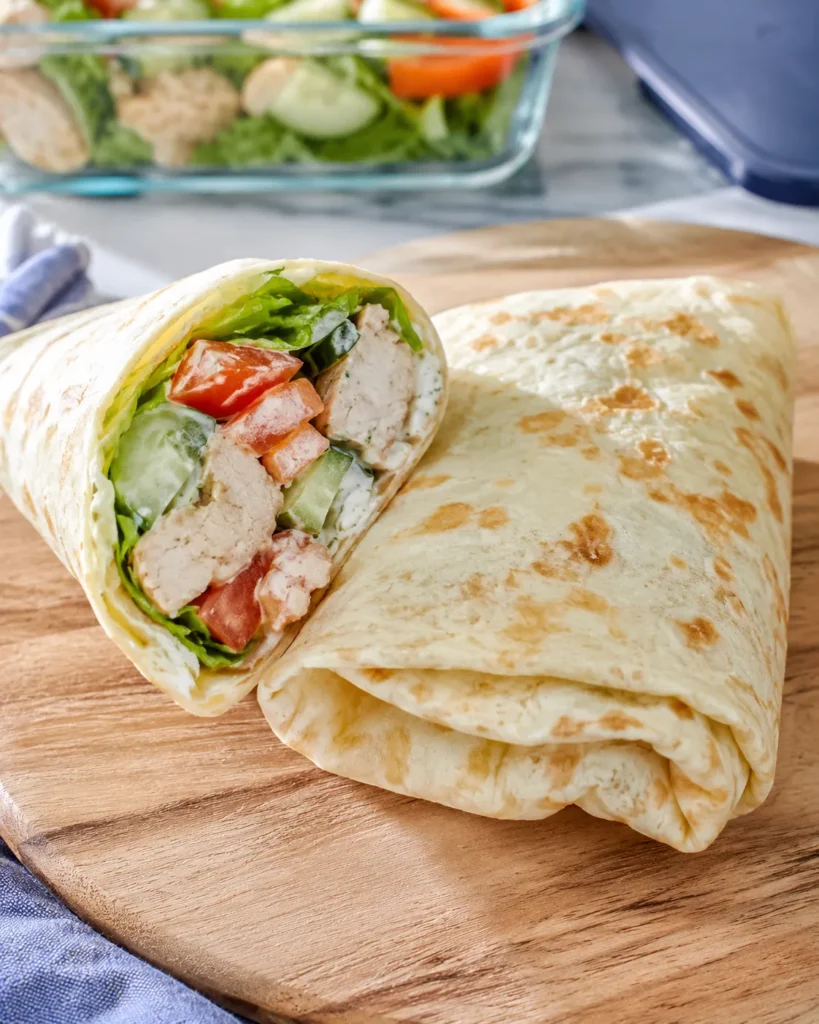 Cottage cheese flatbread used as a high-protein lunch wrap with chicken, lettuce, cucumber, tomato, and yogurt sauce