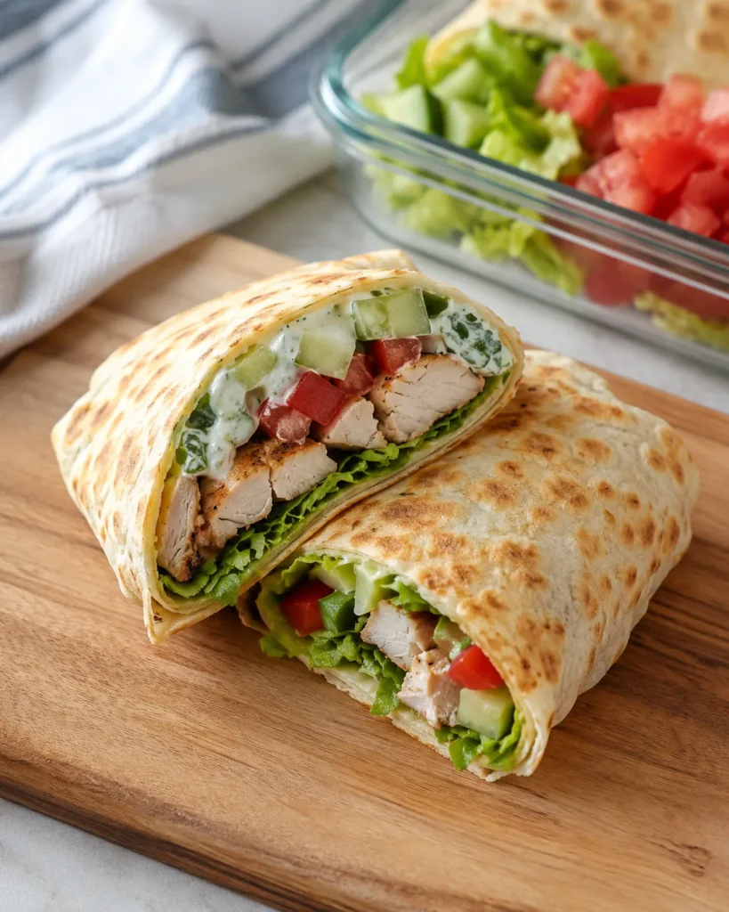 Cottage cheese flatbread used as a high-protein lunch wrap with grilled chicken, lettuce, cucumber, tomato, and yogurt sauce.