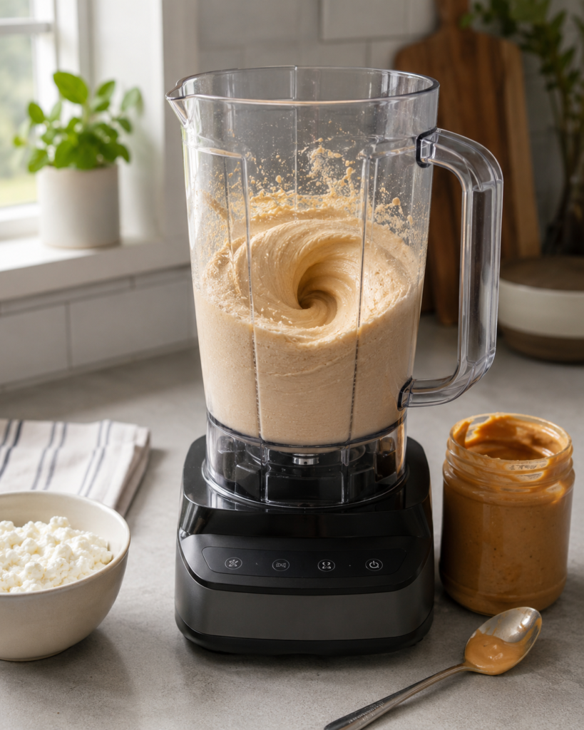 Cottage cheese peanut butter mousse blending until smooth in a blender
