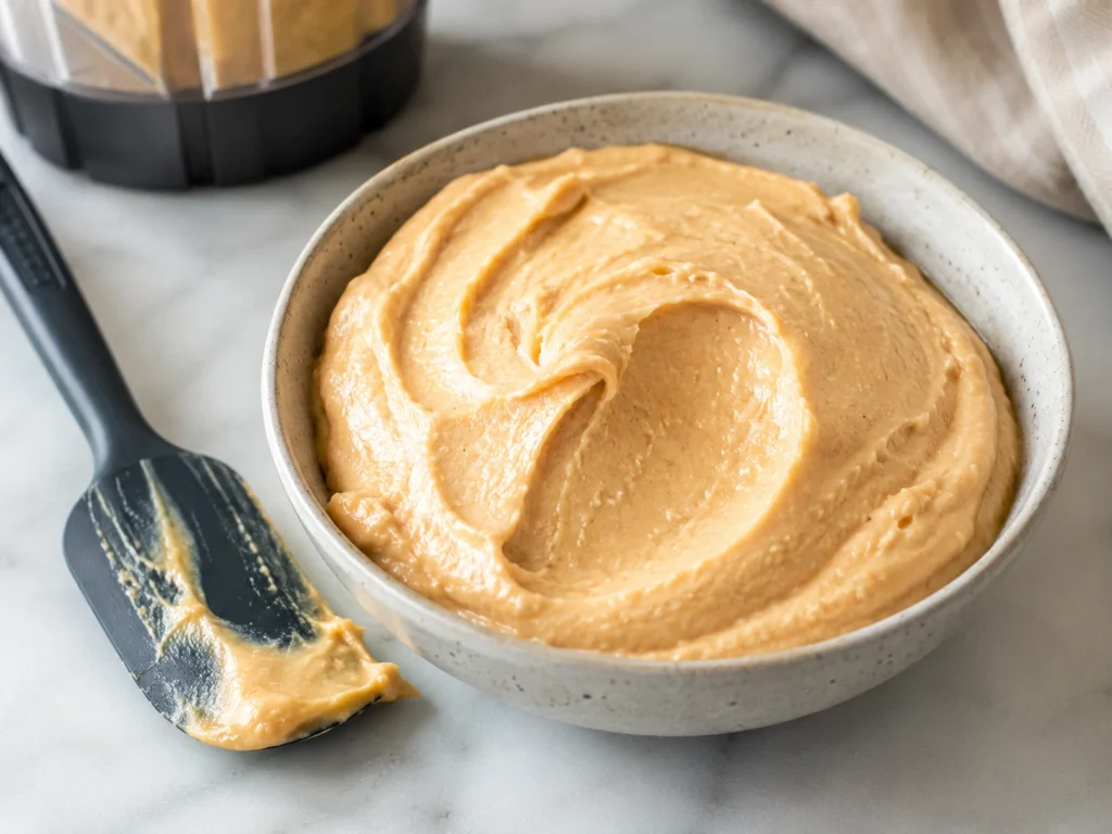 Smooth finished consistency of cottage cheese peanut butter mousse in a serving bowl.