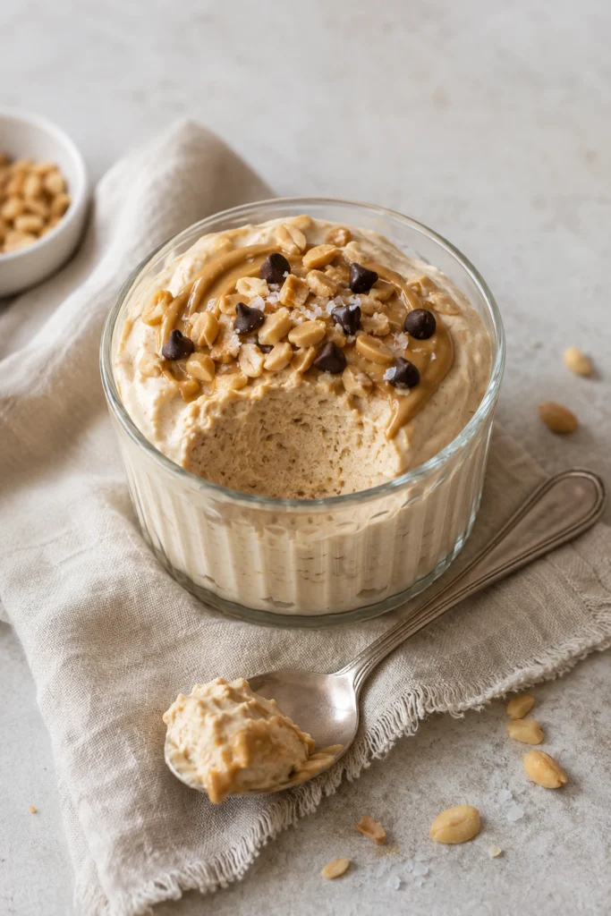 Thick cottage cheese peanut butter mousse in a dessert glass with peanuts and chocolate chips.