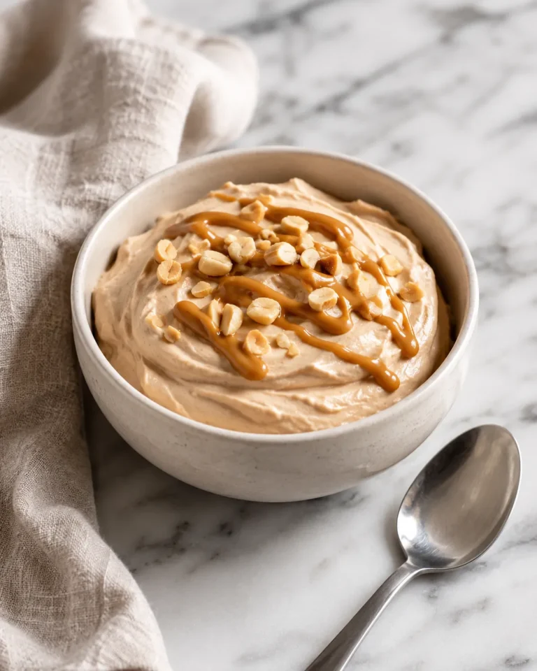Cottage cheese peanut butter mousse topped with peanut butter drizzle and chopped peanuts.