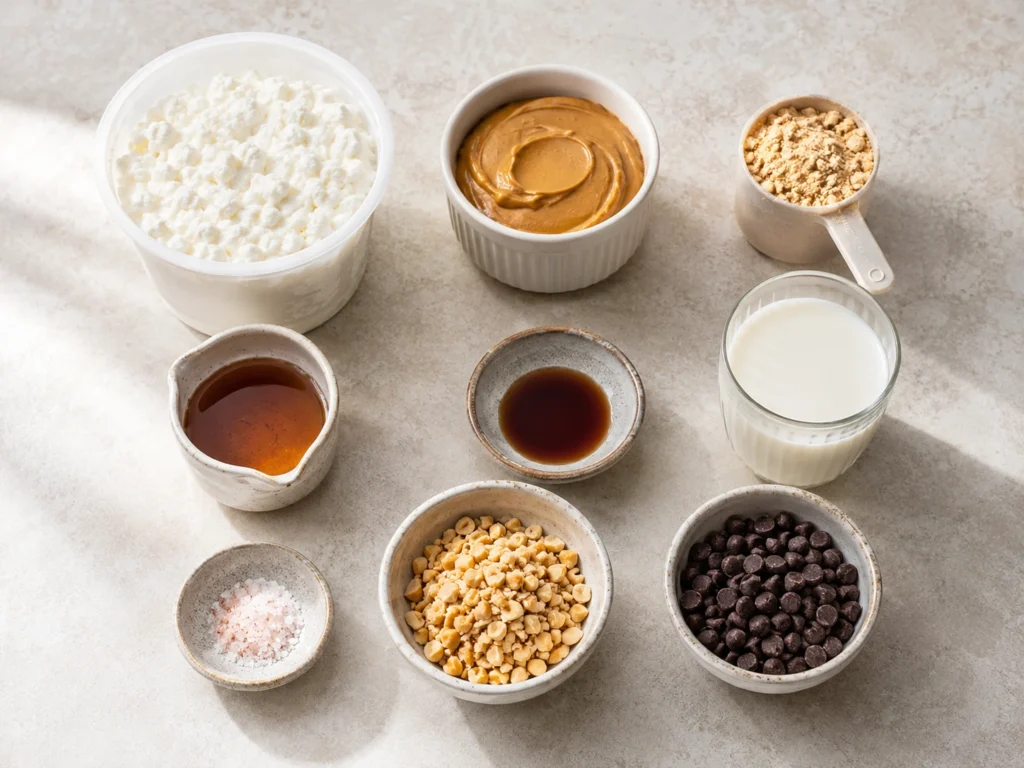 Ingredients arranged for making cottage cheese peanut butter mousse.