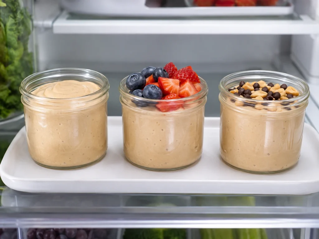 Meal-prep jars filled with cottage cheese peanut butter mousse in different topping variations.