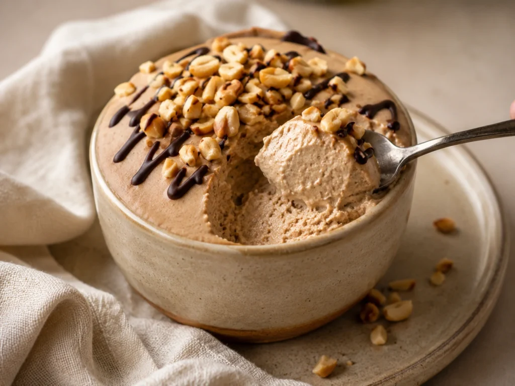 Served cottage cheese peanut butter mousse with chocolate drizzle and chopped peanuts.