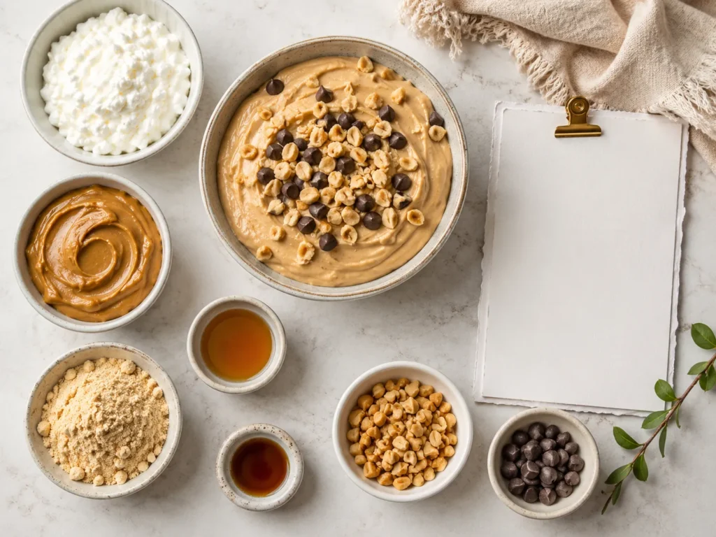 Overhead summary-style image for cottage cheese peanut butter mousse with ingredients and finished bowl.