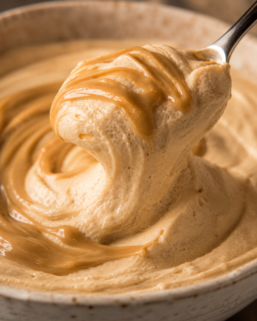 Spoon lifting thick blended peanut butter mousse made with cottage cheese